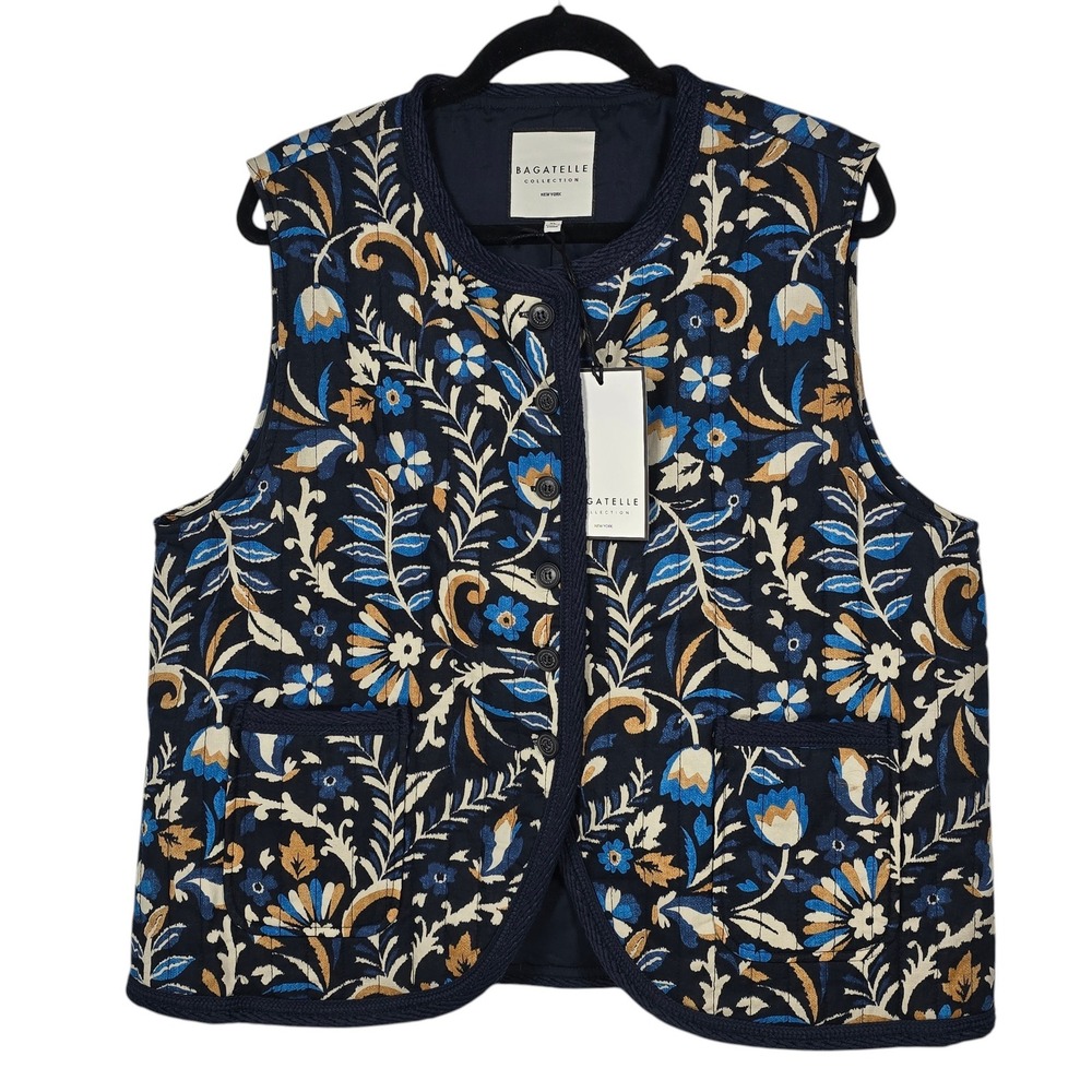 Bagatelle Collection Womens XL Quilted Floral Paisley Vest Navy Blue Cotton NWT